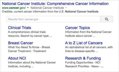Дополнительные ссылки в Google для навигационного запроса Национального института рака.