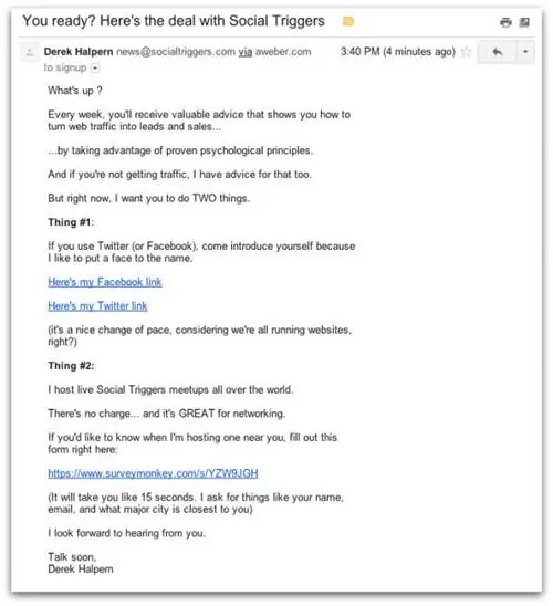 Приветственное письмо от SocialTriggers.com