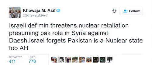 Министр обороны Пакистана Хаваджа Мухаммад Асиф реагирует на ложную историю с сайта фейковых новостей. (Оригинальный твит впоследствии был удален.)