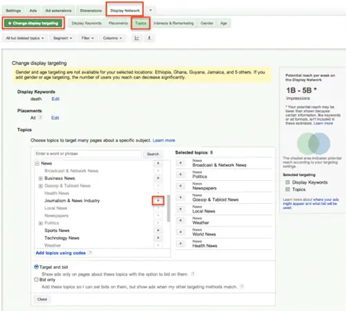 Таргетинг на темы в существующей группе объявлений
