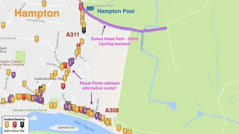 Royal Parks говорит, что маршрут «аварийной карты» не рекомендуется для велосипедистов Буши-Парка после знаков «езда на велосипеде запрещена» у прохода Герцога