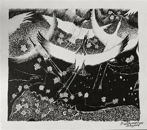 В этой сцене журавли парят над Раджу, первым вьючным животным Салопека, погибшим на тропе.