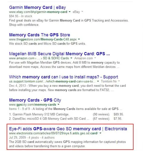 Результаты поиска карты памяти GPS на рабочем столе