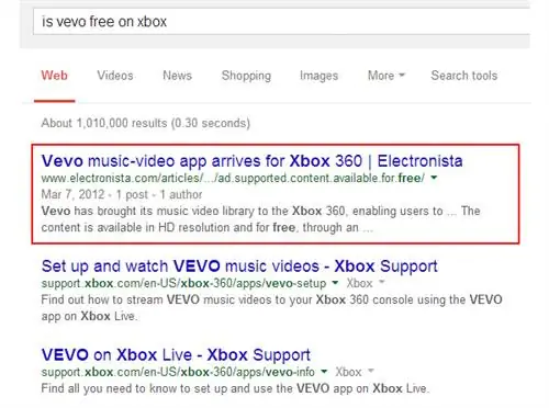 Является ли Vevo бесплатным в результатах поиска Xbox для ПК?