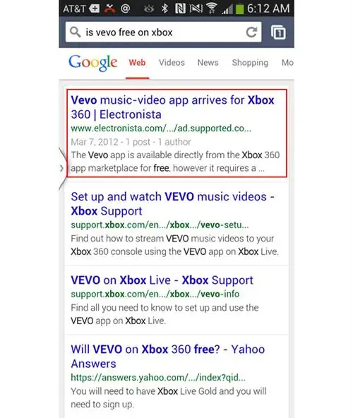 Является ли Vevo бесплатным в результатах поиска Xbox Mobile?