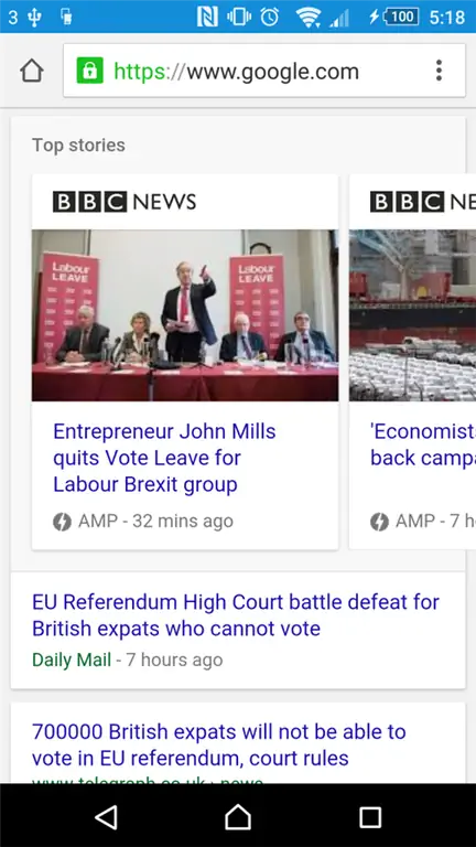 Скриншот мобильных результатов Google.com по референдуму в ЕС, на котором показаны AMP-версии новостей BBC News в карусели главных новостей вверху результатов поиска.