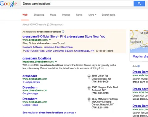 Местоположение Dress Barn Результаты пакета Google