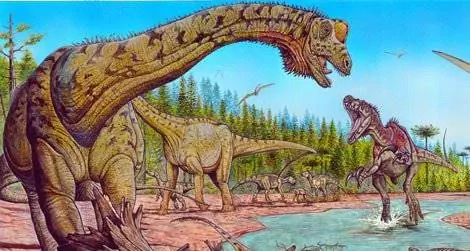 Гигантский зауропод Futalognkosaurus (слева) с некоторыми из его меловых соседей. Гигантский зауропод Futalognkosaurus (слева) с некоторыми из его меловых соседей.